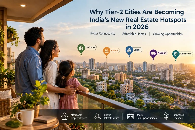 Indian family viewing a modern Tier-2 city skyline.